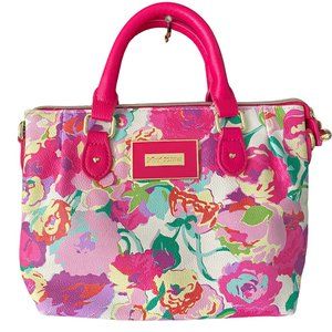 Betsy Johnson Floral Pink and Purple Clutch Purse with Heart Accents